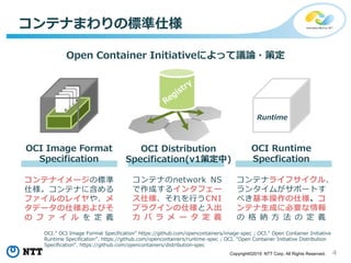 4Copyright©2019 NTT Corp. All Rights Reserved.
コンテナまわりの標準仕様
コンテナイメージの標準
仕様。コンテナに含める
ファイルのレイヤや、メ
タデータの仕様およびそ
の フ ァ イ ル を 定 義
コンテナのnetwork NS
で作成するインタフェー
ス仕様、それを行うCNI
プラグインの仕様と入出
力 パ ラ メ ー タ 定 義
OCI.” OCI Image Format Specification” https://github.com/opencontainers/image-spec ; OCI.” Open Container Initiative
Runtime Specification”. https://github.com/opencontainers/runtime-spec ; OCI. “Open Container Initiative Distribution
Specification”. https://github.com/opencontainers/distribution-spec
Open Container Initiativeによって議論・策定
OCI Distribution
Specification(v1策定中)
OCI Image Format
Specification
Runtime
コンテナライフサイクル、
ランタイムがサポートす
べき基本操作の仕様、コ
ンテナ生成に必要な情報
の 格 納 方 法 の 定 義
OCI Runtime
Specfication
 