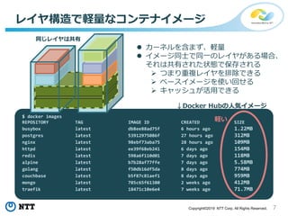 7Copyright©2019 NTT Corp. All Rights Reserved.
レイヤ構造で軽量なコンテナイメージ
同じレイヤは共有
 カーネルを含まず、軽量
 イメージ同士で同一のレイヤがある場合、
それは共有された状態で保存される
 つまり重複レイヤを排除できる
 ベースイメージを使い回せる
 キャッシュが活用できる
$ docker images
REPOSITORY TAG IMAGE ID CREATED SIZE
busybox latest db8ee88ad75f 6 hours ago 1.22MB
postgres latest 53912975086f 27 hours ago 312MB
nginx latest 98ebf73aba75 28 hours ago 109MB
httpd latest ee39f68eb241 6 days ago 154MB
redis latest 598a6f110d01 7 days ago 118MB
alpine latest b7b28af77ffe 7 days ago 5.58MB
golang latest f50db16df5da 8 days ago 774MB
couchbase latest b5f87c81aef1 8 days ago 959MB
mongo latest 785c65f61380 2 weeks ago 412MB
traefik latest 18471c10e6e4 7 weeks ago 71.7MB
↓Docker Hubの人気イメージ
軽い
 