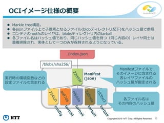 8Copyright©2019 NTT Corp. All Rights Reserved.
OCIイメージ仕様の概要
 Markle tree構造。
 各jsonファイル上で子要素となるファイル(blobディレクトリ配下)をハッシュ値で参照
 コンテナのrootfsのレイヤは、blobsディレクトリ内のtarball
 各ファイル名はハッシュ値であり、同じハッシュ値を持つ（同じ内容の）レイヤ同士は
重複排除され、実体として一つのみが保持されるようになっている。
/index.json
Manifest
(json)
/blobs/sha256/
Manifestファイルで
そのイメージに含まれる
各レイヤファイルの
ハッシュ値が指定される
各ファイル名は
その内容のハッシュ値
実行時の環境変数などの
設定ファイルも含まれる
 