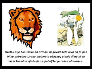 Cvrčku nije bilo teško da cvrčeći nagovori šefa lava da je pod
hitno potrebna izrada elaborata užasnog stanja čime bi se
našlo konačno riješenje za poboljšanje radne atmosfere.
 
