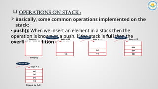  Operations on Stack :
 Basically, some common operations implemented on the
stack:
• push(): When we insert an element in a stack then the
operation is known as a push. If the stack is full then the
overflow condition occurs.
 