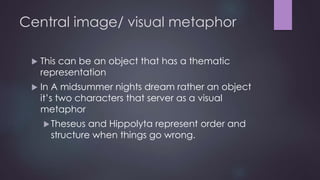Central image/ visual metaphor 
 This can be an object that has a thematic 
representation 
 In A midsummer nights dream rather an object 
it’s two characters that server as a visual 
metaphor 
Theseus and Hippolyta represent order and 
structure when things go wrong. 
 