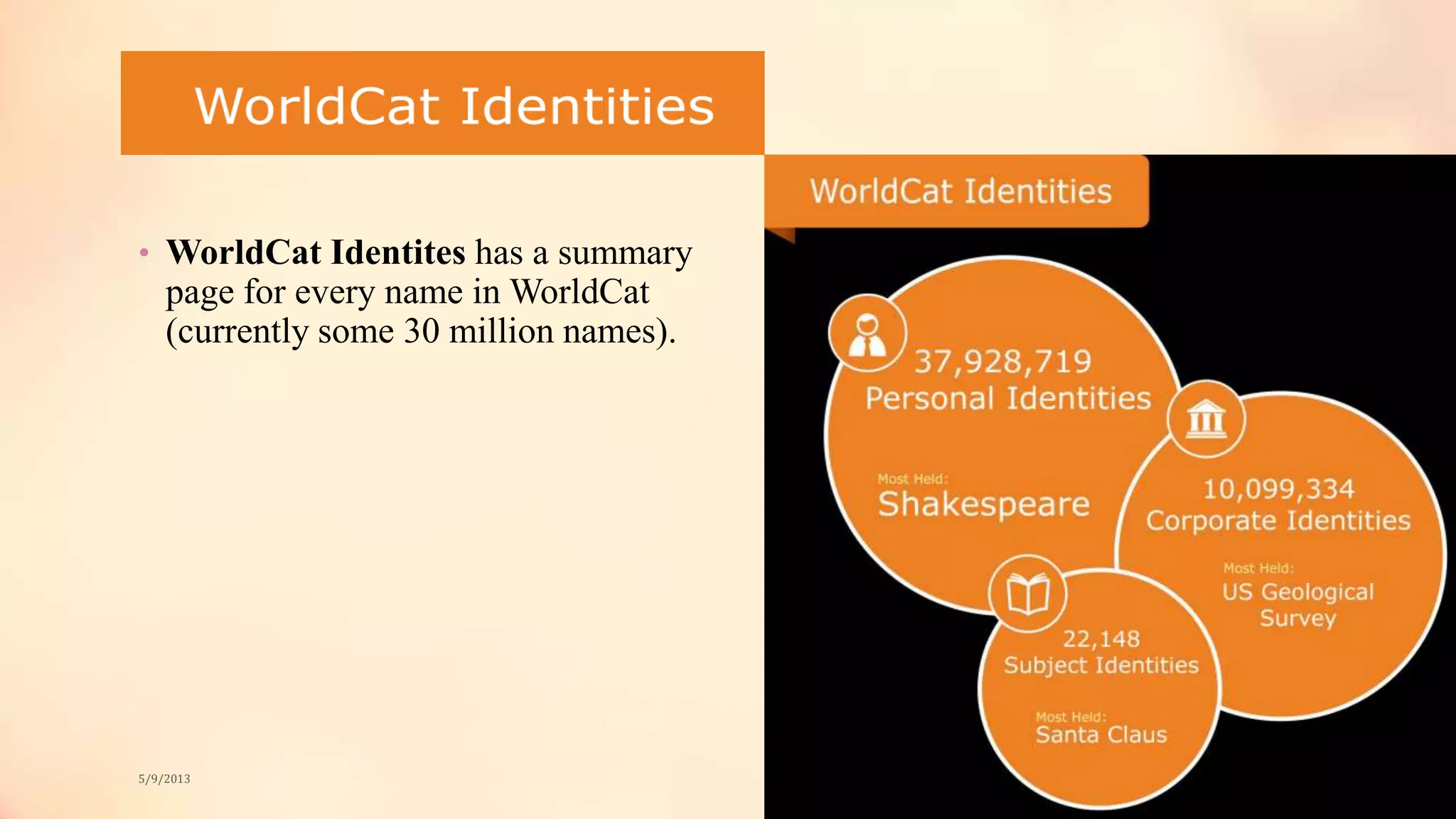 • WorldCat Identites has a summary
page for every name in WorldCat
(currently some 30 million names).
5/9/2013
 