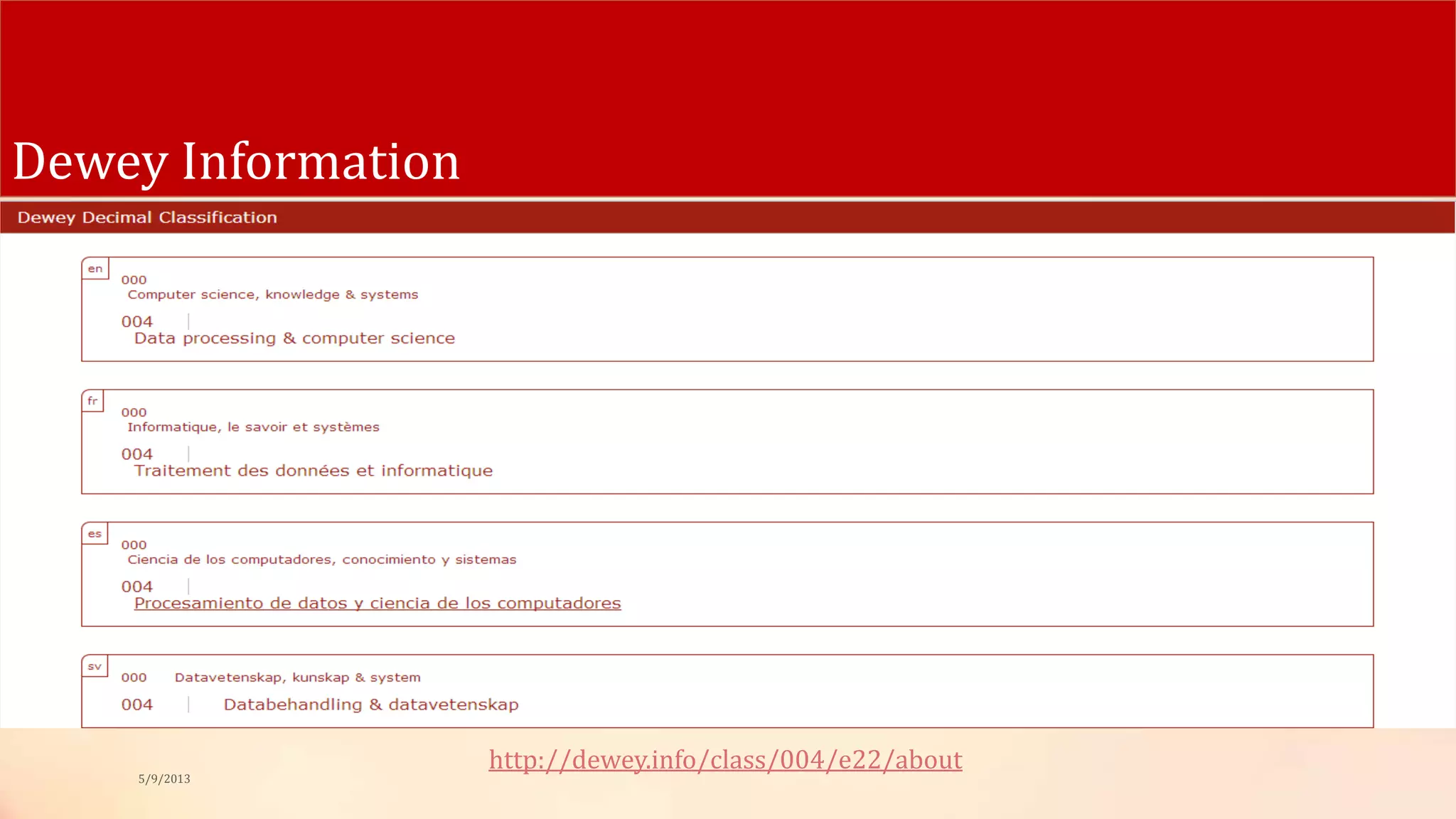 Dewey Information
5/9/2013
http://dewey.info/class/004/e22/about
 