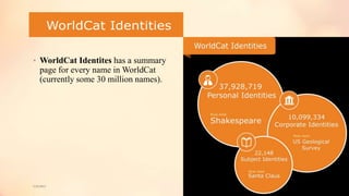 • WorldCat Identites has a summary
page for every name in WorldCat
(currently some 30 million names).
5/9/2013
 