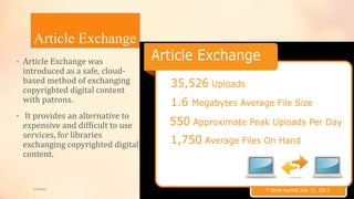Article Exchange
• Article Exchange was
introduced as a safe, cloud-
based method of exchanging
copyrighted digital content
with patrons.
• It provides an alternative to
expensive and difficult to use
services, for libraries
exchanging copyrighted digital
content.
5/9/2013
 