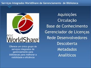 Serviços Integrados WorldShare de Gerenciamento de Biblioteca
Aquisições
Circulação
Base de Conhecimento
Gerenciador de Licenças
Rede Desenvolvedores
Descoberta
Metadados
Analíticos
Oferece um único grupo de
serviços integrados de
gerenciamento para
bibliotecas para melhorar a
visibilidade e eficiência
 