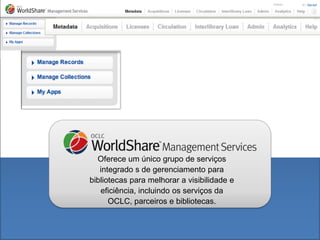 Oferece um único grupo de serviços
integrado s de gerenciamento para
bibliotecas para melhorar a visibilidade e
eficiência, incluindo os serviços da
OCLC, parceiros e bibliotecas.
 