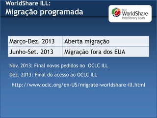 Nov. 2013: Final novos pedidos no OCLC ILL
Dez. 2013: Final do acesso ao OCLC ILL
http://www.oclc.org/en-US/migrate-worldshare-ill.html
WorldShare ILL:
Migração programada
Março-Dez. 2013 Aberta migração
Junho-Set. 2013 Migração fora dos EUA
 