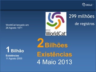 2Bilhões
Existências
4 Maio 2013
1Bilhão
Existências
11 Agosto 2005
WorldCat lançado em
26 Agosto 1971
299 milhões
de registros
 
