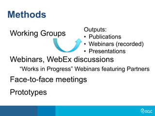 Methods
Working Groups
Webinars, WebEx discussions
Outputs:
• Publications
• Webinars (recorded)
• Presentations
Face-to-face meetings
Prototypes
“Works in Progress” Webinars featuring Partners
 