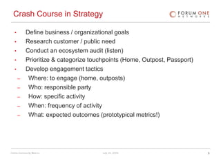 Crash Course in Strategy<br />Define business / organizational goals<br />Research customer / public need<br />Conduct an ...
