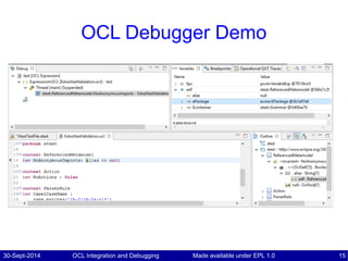 30-Sept-2014 OCL Integration and Debugging 15Made available under EPL 1.0
OCL Debugger Demo
 