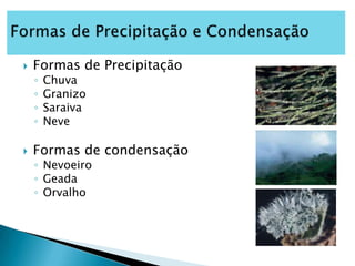    Formas de Precipitação
    ◦   Chuva
    ◦   Granizo
    ◦   Saraiva
    ◦   Neve

   Formas de condensação
    ◦ Nevoeiro
    ◦ Geada
    ◦ Orvalho
 