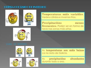CLIMA DE MONTAÑA
As temperaturas son máis baixas
ca no resto de Galicia.
As precipitacións abundantes
durante todo o ano.
 