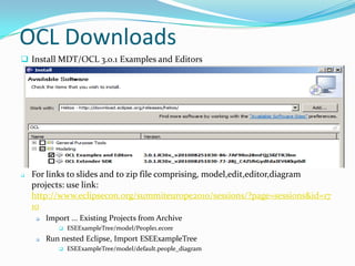 OCL ExpressionsIfExpressionsif gender = Gender::MALE
    then 'he'
    else 'she'endifLet Expressionslet jack : Person = child('Jack'),
        jill : Person = child('Jill')
    in jack <> null and jill <> null