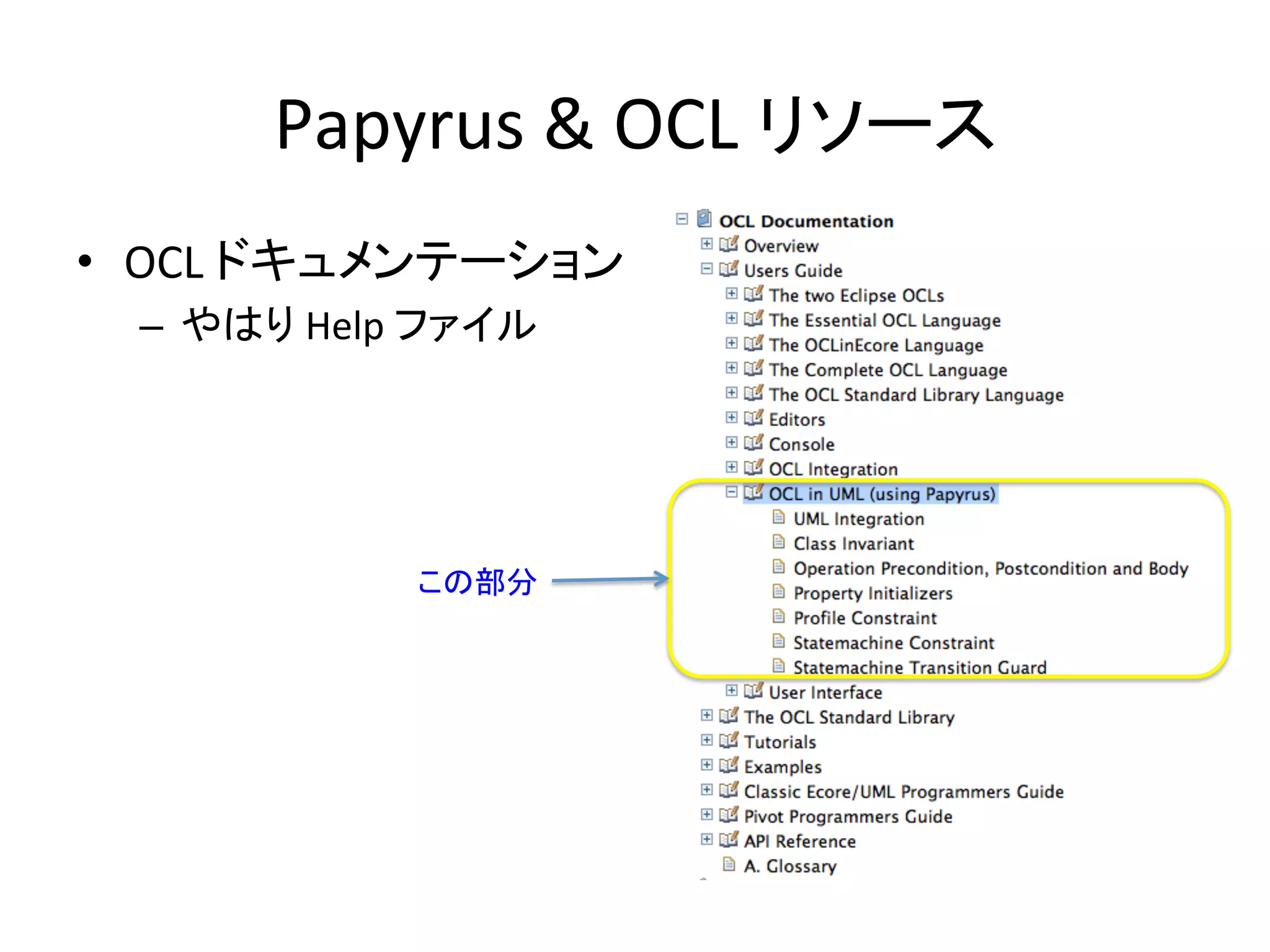 Papyrus	
  &	
  OCL	
  リソース	
•  OCL	
  ドキュメンテーション	
  
–  やはり	
  Help	
  ファイル	
  
この部分	
 