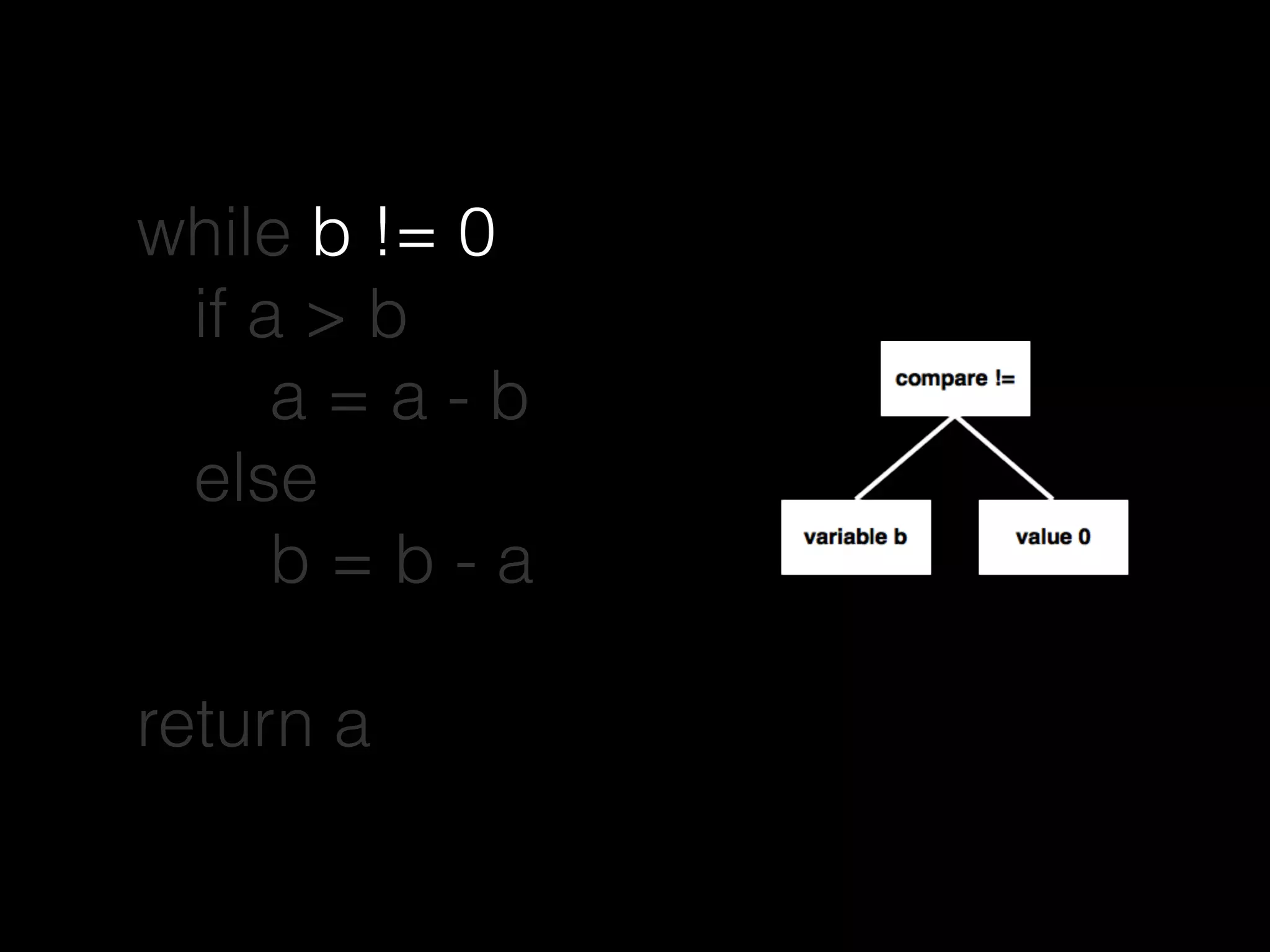 while b != 0
if a > b
a = a - b
else
b = b - a
return a
 