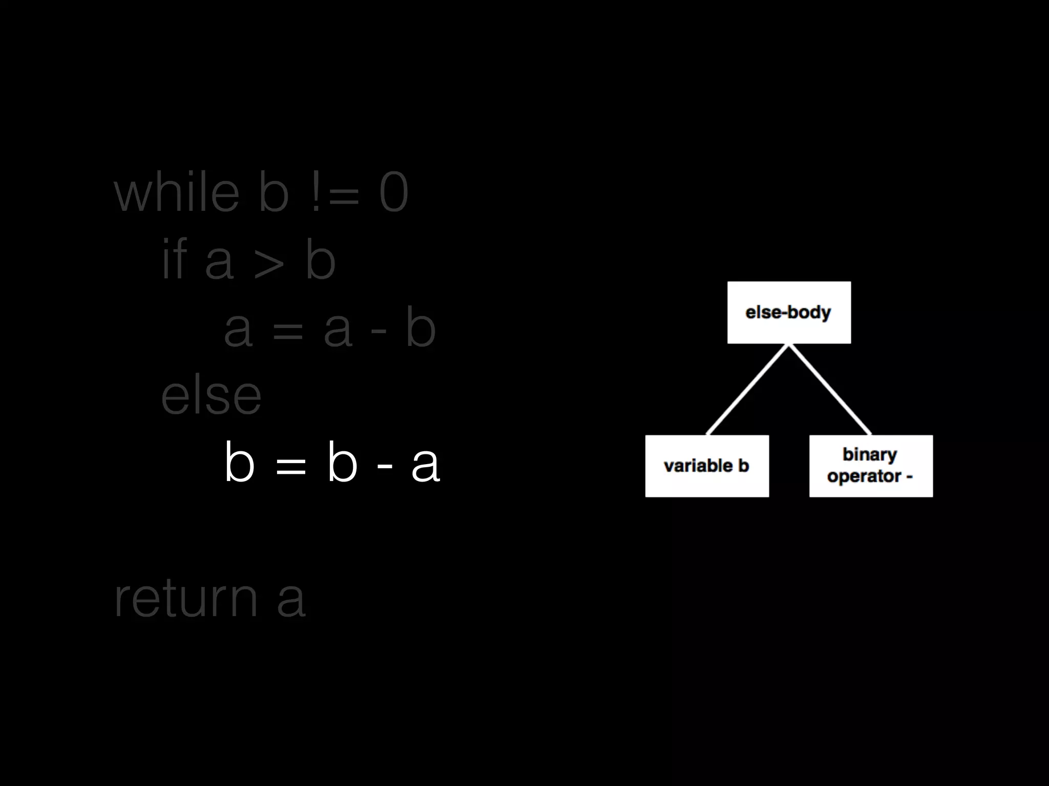 while b != 0
if a > b
a = a - b
else
b = b - a
return a
 