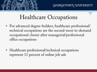 Healthcare Occupations
•  For advanced degree-holders, healthcare professional/
technical occupations are the second-most in-demand
occupational cluster after managerial/professional
oﬃce occupations
•  Healthcare professional/technical occupations
represent 11 percent of online job ads
 