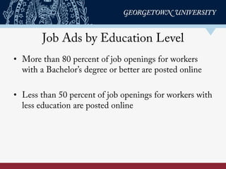 Job Ads by Education Level
•  More than 80 percent of job openings for workers
with a Bachelor’s degree or better are post...