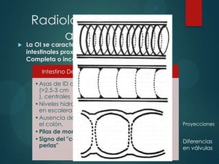 Radiología simple de
          abdomen
   La OI se caracteriza por dilatación de asa
    intestinales proximales al punto de obstrucción.
    Completa o incompleta

         Intestino Delgado          Intestino Grueso

       • Asas de ID dilatadas    • Se identifican
         (>2.5-3 cm                haustras
         ), centrales            • Asas dilatadas
       • Niveles hidroaéreos       mayor 9, 6, 12 cm y
         en escalera               periféricas
       • Ausencia de gas en      • No se observa aire
         el colón.                 en el recto           Proyecciones
       • Pilas de monedas        • Niveles hidroaereos
       • Signo del "collar de    • Distensión Ciego      Diferencias
         perlas"                 • Zonas más             en válvulas
                                   anteriores
 