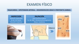 TAQUICARDIA + HIPOTENSION ARTERIAL = DESHIDRATACION GRAVE O PERITONITIS (AMBAS)
INSPECCION
Abdomen distendido
Dx de: OI/ Ascitis
Descubrir Cicatrices
PALPACIÓN
Dolor de forma Difusa.
SL, SR, DMI = Peritonitis/Estrangulación
Masas: neoplasias
Énfasis en
EXAMEN FÍSICO
 