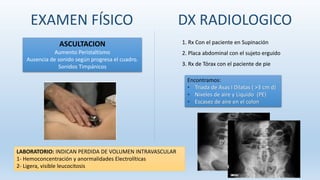 ASCULTACION
Aumento Peristaltismo
Ausencia de sonido según progresa el cuadro.
Sonidos Timpánicos
1. Rx Con el paciente en Supinación
2. Placa abdominal con el sujeto erguido
3. Rx de Tórax con el paciente de pie
LABORATORIO: INDICAN PERDIDA DE VOLUMEN INTRAVASCULAR
1- Hemoconcentración y anormalidades Electrolíticas
2- Ligera, visible leucocitosis
EXAMEN FÍSICO DX RADIOLOGICO
Encontramos:
• Triada de Asas I Dilatas ( >3 cm d)
• Niveles de aire y Liquido (PE)
• Escasez de aire en el colon
 