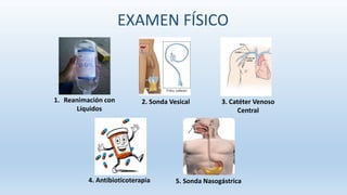 1. Reanimación con
Líquidos
2. Sonda Vesical 3. Catéter Venoso
Central
4. Antibioticoterapia 5. Sonda Nasogástrica
EXAMEN FÍSICO
 