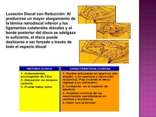 Luxación Discal con Reducción: Al
producirse un mayor alargamiento de
la lámina retrodiscal inferior y los
ligamentos colaterales discales y el
borde posterior del disco se adelgaza
lo suficiente, el disco puede
deslizarse o ser forzado a través de
todo el espacio discal

 