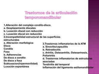1.Alteración del complejo condilo-disco.
a. Desplazamiento discales
b. Luxación discal con reducción
c. Luxación discal sin reducción
2.Incompatibilidad estructural de las superficies
estructurales
a. Alteración morfológica
3.Trastornos inflamatorios de la ATM
Disco
a. Sinovitis/capsulitis
Condilo
b. Retrodiscitis
Fosa
c. Artritis, Osteoartritis, Osteoartrosis,
b. Adherencias
Poliartritis
De disco a condilo
d. Trastornos inflamatorios de estructuras
De disco a fosa
asociadas
Subluxacion(hipermovilidad)
Tendinitis del temporal
Luxación espontánea
Inflamación del ligamento estilomandibular

 