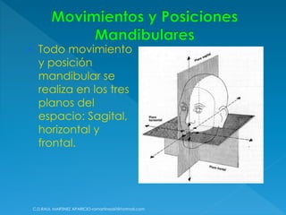  Todo movimiento
y posición
mandibular se
realiza en los tres
planos del
espacio: Sagital,
horizontal y
frontal.
C.D.RAUL MARTINEZ APARICIO-ramartinez60@hotmail.com
 