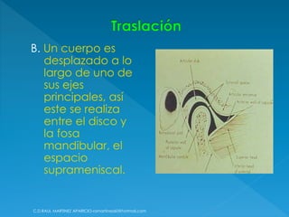 B. Un cuerpo es
desplazado a lo
largo de uno de
sus ejes
principales, así
este se realiza
entre el disco y
la fosa
mandibular, el
espacio
suprameniscal.
C.D.RAUL MARTINEZ APARICIO-ramartinez60@hotmail.com
 