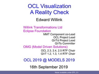 Made available under EPL 2.0
OCL Visualization
A Reality Check
Edward Willink
Willink Transformations Ltd
Eclipse Foundation
MMT Component co-Lead
OCL Project Lead
QVTd Project Lead
QVTo Committer
OMG (Model Driven Solutions)
OCL 2.3, 2.4, 2.5 RTF Chair
QVT 1.2, 1.3, 1.4 RTF Chair
OCL 2019 @ MODELS 2019
16th September 2019
 