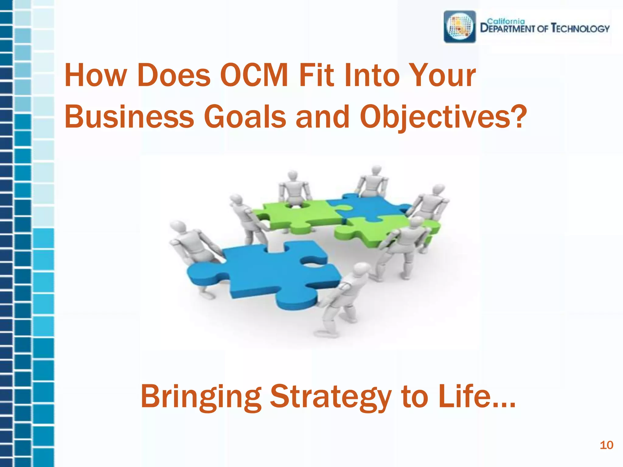 How Does OCM Fit Into Your
Business Goals and Objectives?
Bringing Strategy to Life…
10
 
