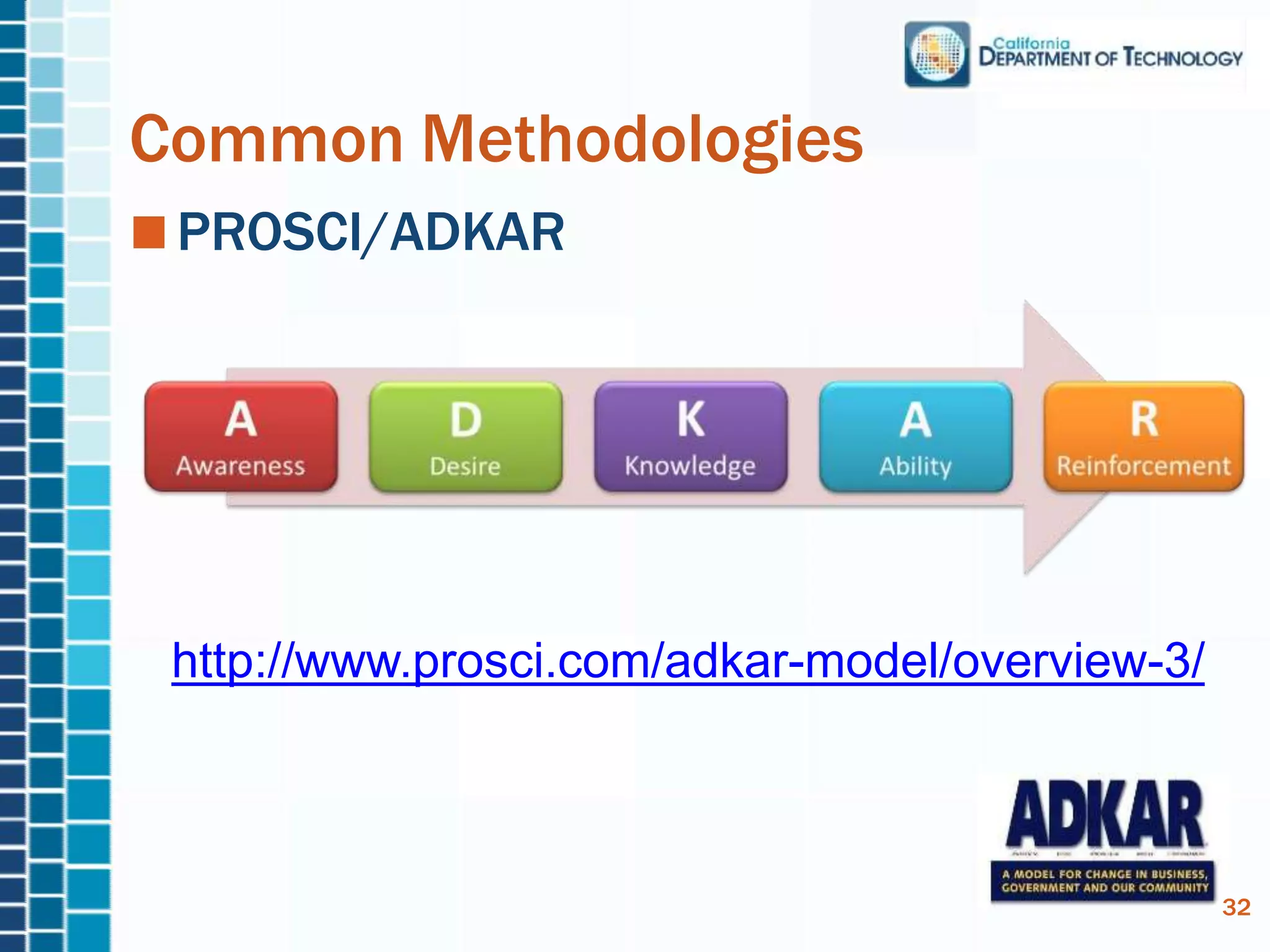 Common Methodologies
PROSCI/ADKAR
http://www.prosci.com/adkar-model/overview-3/
32
 