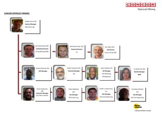 CONCOR OPENCAST MINING:
Rodger Herne (42)
General Manager
NHD (Civil Eng)
Gert Buitendach (40)
Estimating Director
B.Eng (Mining) MMC
Jaco Swart (62)
HR Director
B Com STD & IRDP
Stanley Nxumalo (35)
HSE Manager
Johan Oosthuizen
(49)
Contracts Manager
GCC Mine overseer
Thabo Makafane
(29)
Site Manager
BTECH Min Eng
Jethro Masike (37)
HR Manager
ND Marketing
Management
Sunnyboy Mohlopi
(41)
Site Manager
ND Civil Engineering
Shabir Choonara (55)
Financial Manager
ICB
Stoffel v.d Westhuizen
(31)
Site Manager
ND Civil Engineering
Bernhard Venter (39)
Financial Director
CA
Liz Diederichs (49)
QA/QC Manager
NDIP
 