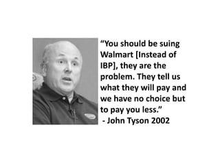 “You should be suing
Walmart [Instead of
IBP], they are the
problem. They tell us
what they will pay and
we have no choice but
to pay you less.”
- John Tyson 2002
 