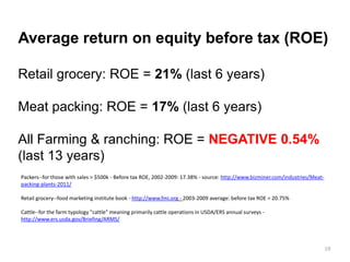 Average return on equity before tax (ROE)
Retail grocery: ROE = 21% (last 6 years)
Meat packing: ROE = 17% (last 6 years)
All Farming & ranching: ROE = NEGATIVE 0.54%
(last 13 years)
Packers--for those with sales > $500k - Before tax ROE, 2002-2009: 17.38% - source: http://www.bizminer.com/industries/Meat-
packing-plants-2011/
Retail grocery--food marketing institute book - http://www.fmi.org - 2003-2009 average: before tax ROE = 20.75%
Cattle--for the farm typology "cattle" meaning primarily cattle operations in USDA/ERS annual surveys -
http://www.ers.usda.gov/Briefing/ARMS/
19
 