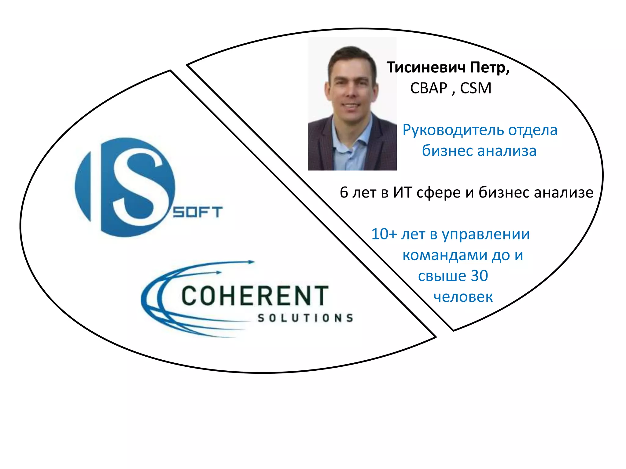 Тисиневич Петр,
CBAP , CSM
Руководитель отдела
бизнес анализа
6 лет в ИТ сфере и бизнес анализе
10+ лет в управлении
командами до и
свыше 30
человек
 