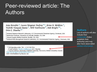 Peer-reviewed article: The
Authors
Authors:
List of authors will also
include their
credentials (helps
establish their
authority) and may
also have associated
contact information
 