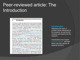 Peer-reviewed article: The
Introduction
Introduction:
Addresses the topic or
problem being addressed by
the research, as well as the
contexts and reasons for the
research.
Introductions may include
literature reviews, although
these may also appear as
separate sections.
 