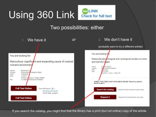 Using 360 Link
Two possibilities: either
1. We have it 2. We don’t have it
(probably want to try a different article)
or
If you search the catalog, you might find that the library has a print (but not online) copy of the article.
 
