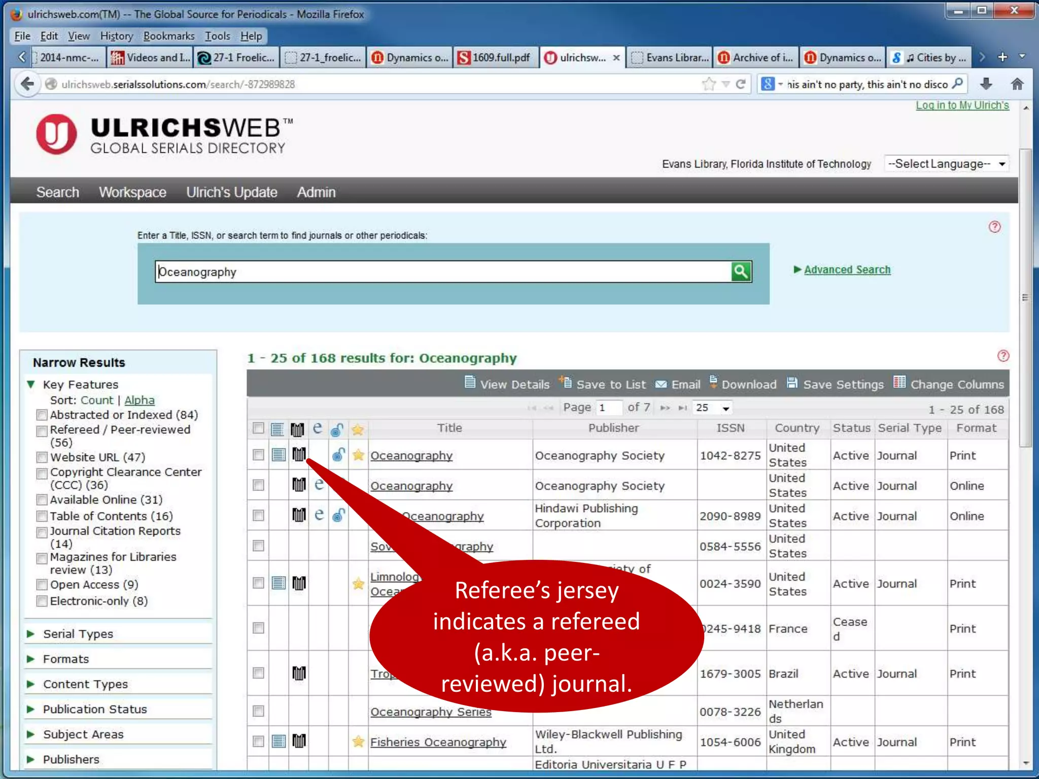 Referee’s jersey 
indicates a refereed 
(a.k.a. peer-reviewed) 
journal. 
 