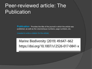 Peer-reviewed article: The
Publication
Publication: Provides the title of the journal in which the article was
published, as well as the volume/issue numbers, page numbers, etc.
(needed to write a citation for the article)
 