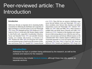 Peer-reviewed article: The
Introduction
Introduction:
Addresses the topic or problem being addressed by the research, as well as the
contexts and reasons for the research.
Introductions may include literature reviews, although these may also appear as
separate sections.
 