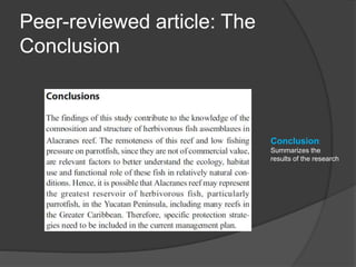 Peer-reviewed article: The
Conclusion
Conclusion:
Summarizes the
results of the research
 