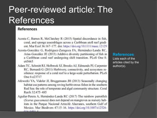 Peer-reviewed article: The
References
References:
Lists each of the
articles cited by the
author(s).
 