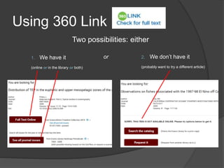 Using 360 Link
Two possibilities: either
1. We have it
(online or in the library or both)
2. We don’t have it
(probably want to try a different article)
or
 