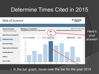 Determine Times Cited in 2015
 In the bar graph, hover over the bar for the year 2015
Here’s
your
answer!
 